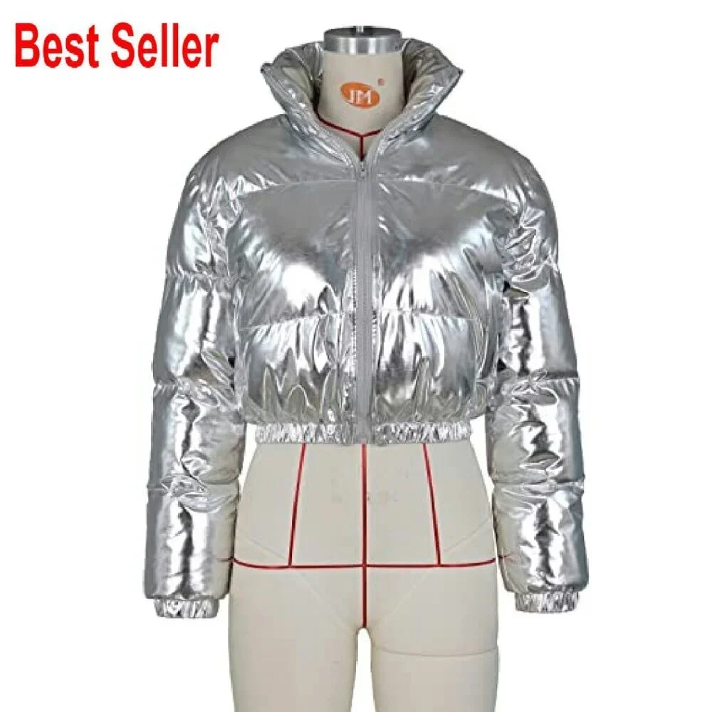 Shiny Cropped Puffer Jacket Stand Neck Winter Down Coat Y2K Chic